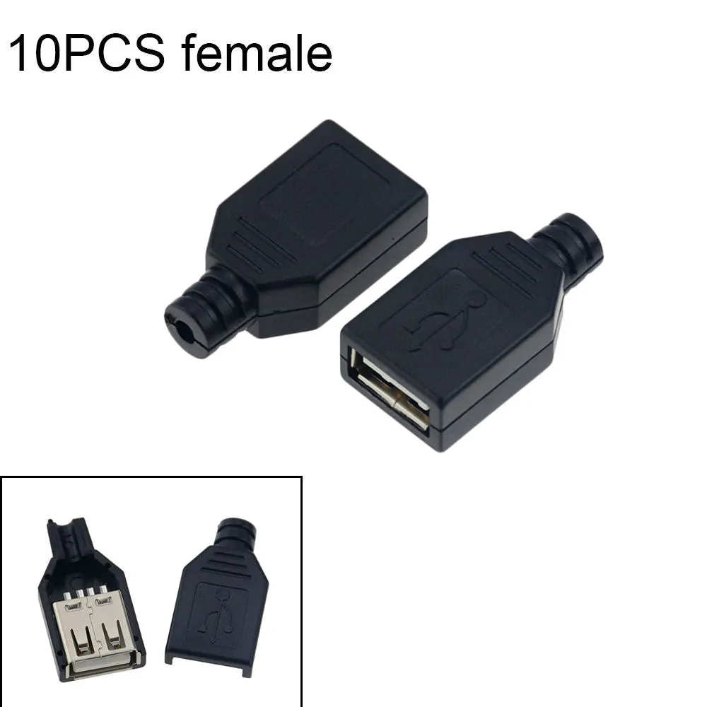 10Pcs Type A Male Female Usb 4 Pin Plug Socket Connector With Black Plastic Cover Type-A Diy Kits