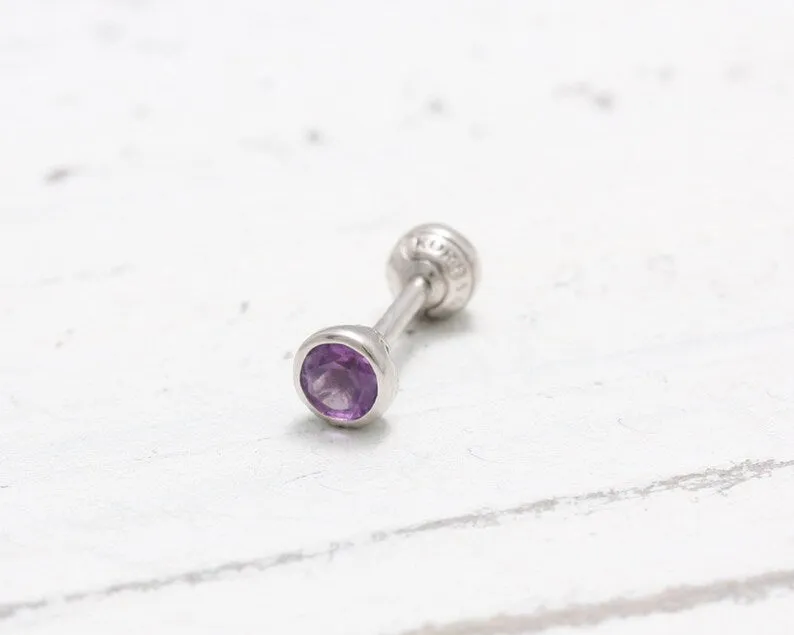 14K 18K Solid Gold 0.1ct Genuine Amethyst Bezel Cartilage Tragus Helix Piercing