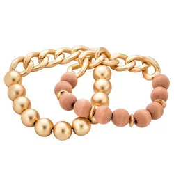 2 Piece Link Chain & Wood Bead Bracelet In Pink