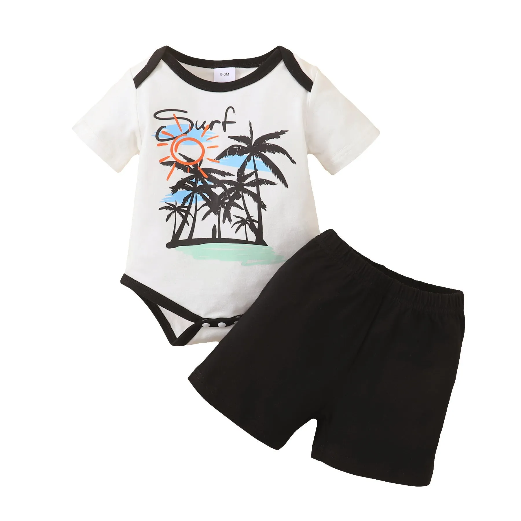 2 Pieces Set Baby Boys Tropical Rompers And Solid Color Shorts