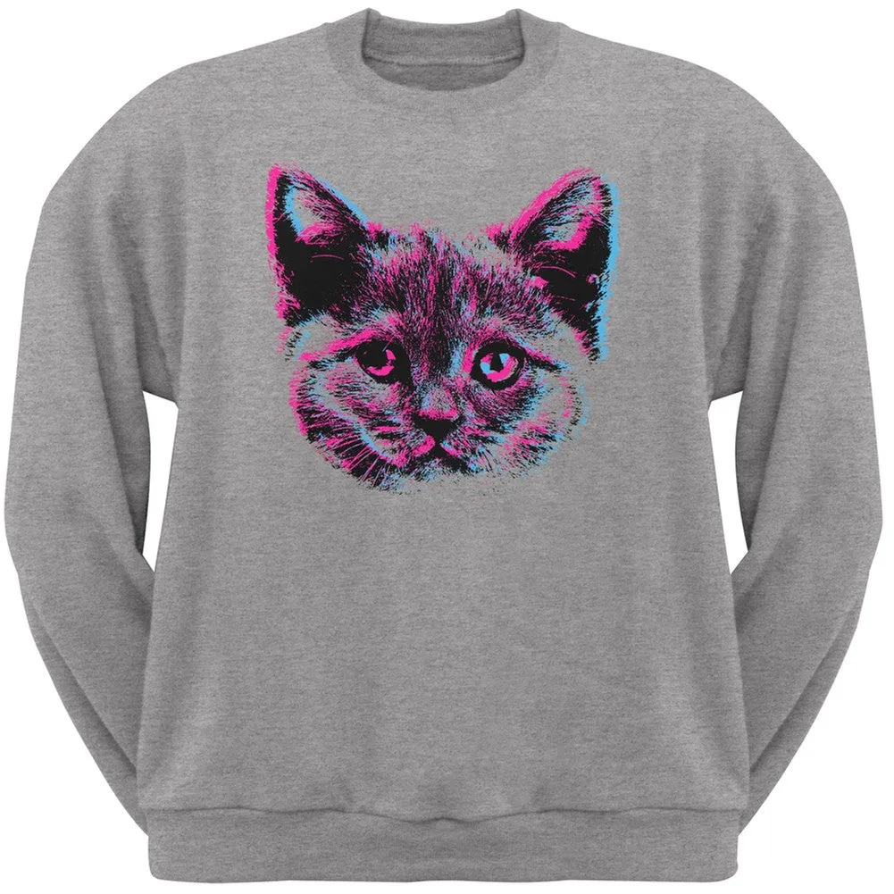 3D Cat Face Black Adult Crew Neck Sweatshirt