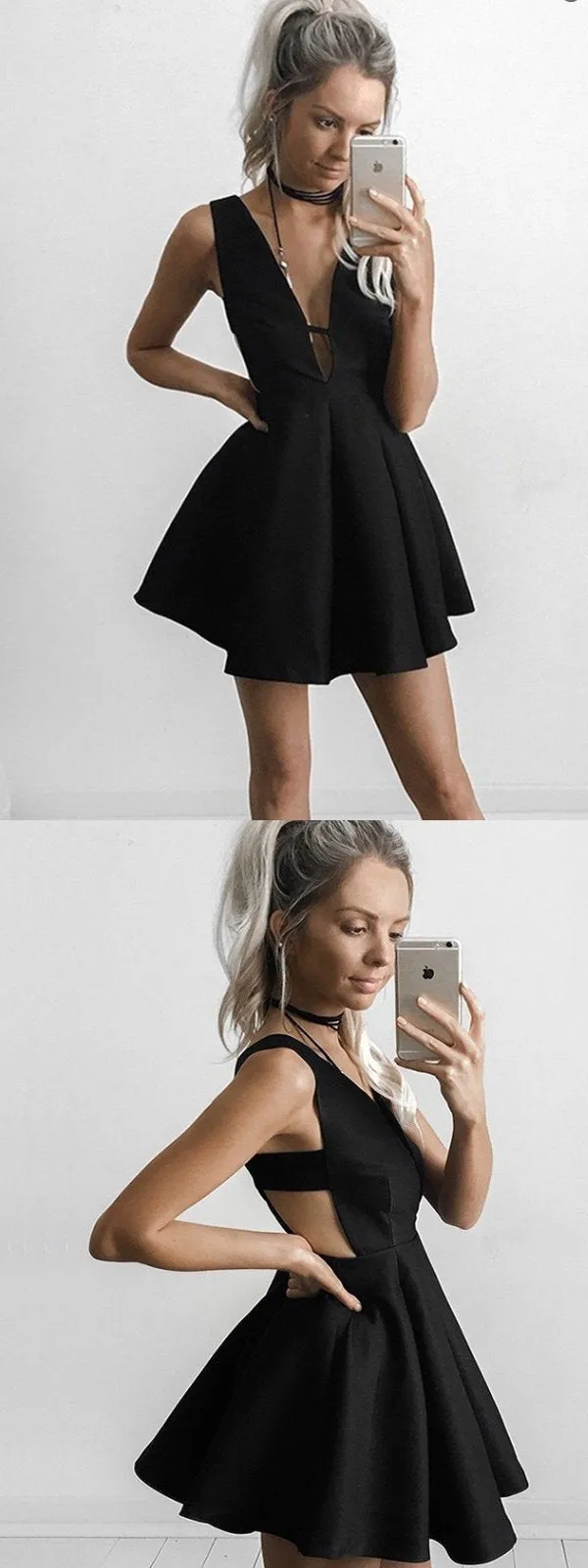 A-Line Deep V-Neck Short Black Satin Homecoming Dresses,Short Prom Dresses,BDY0333