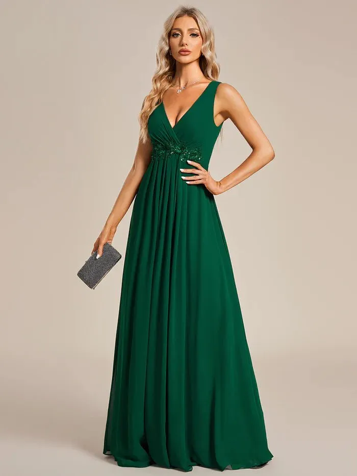 A-Line V Neck Appliques Ruched Bridesmaid Dress