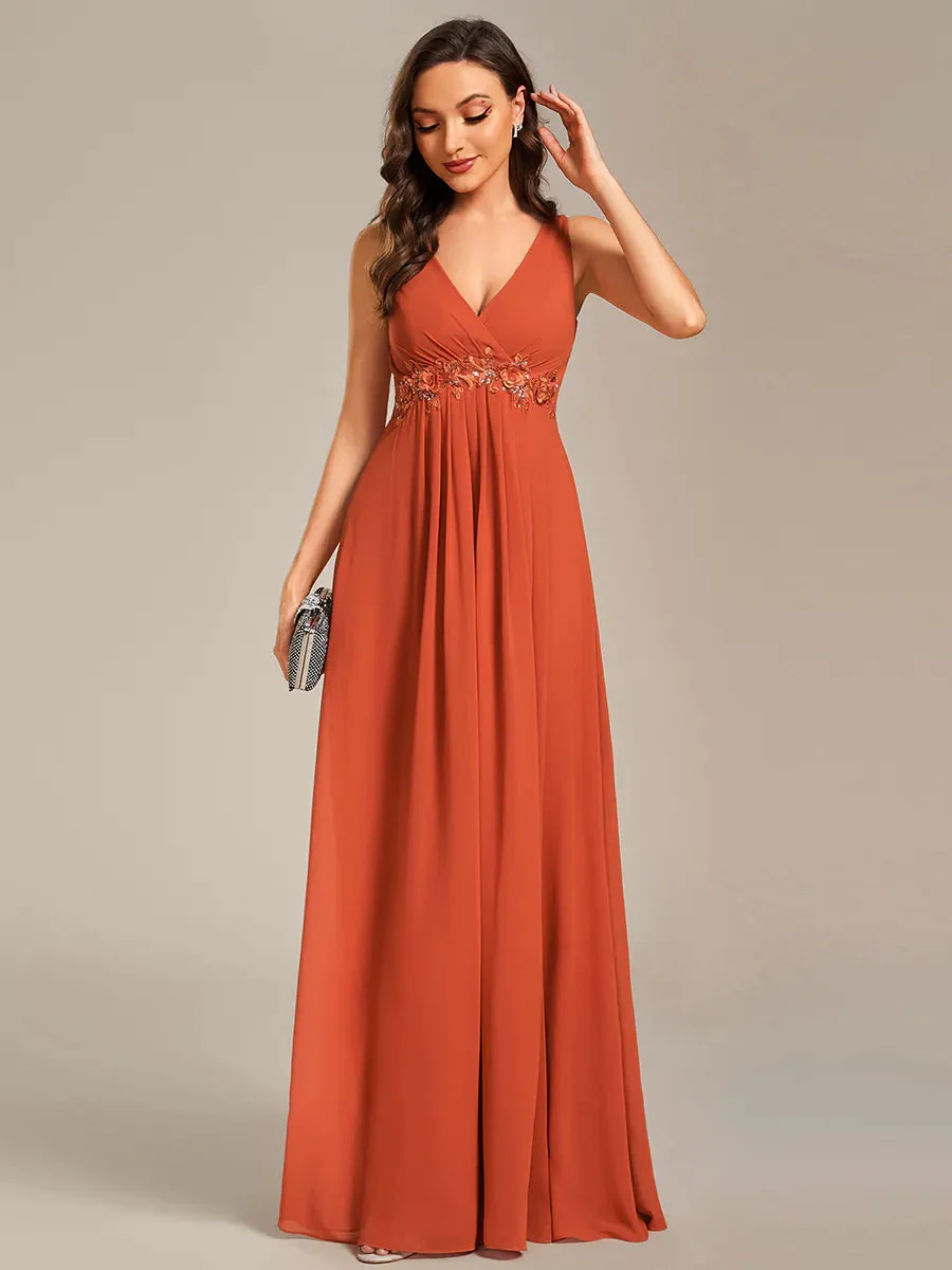 A-Line V Neck Appliques Ruched Bridesmaid Dress