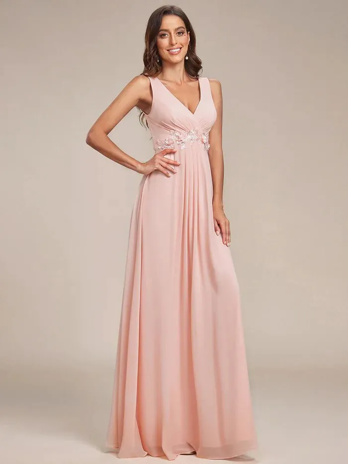 A-Line V Neck Appliques Ruched Bridesmaid Dress