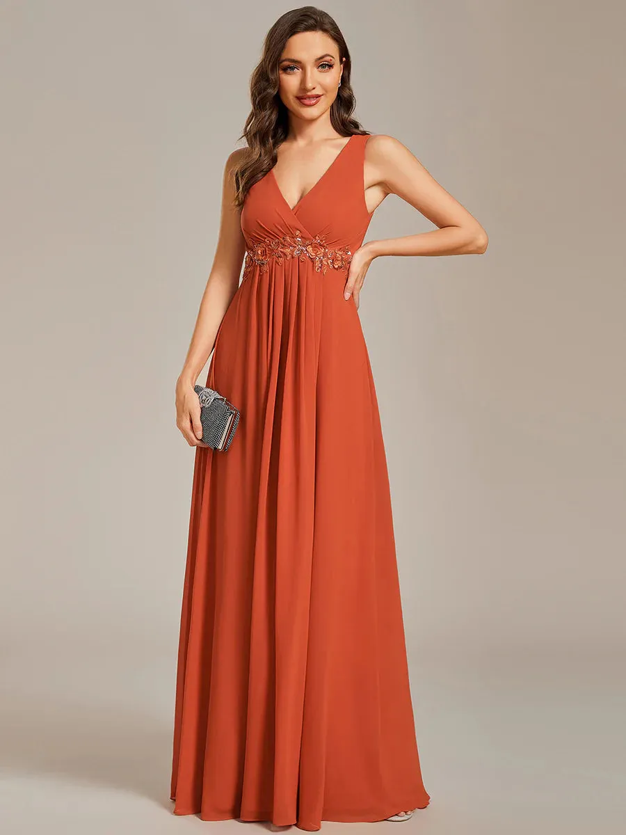 A-Line V Neck Appliques Ruched Bridesmaid Dress