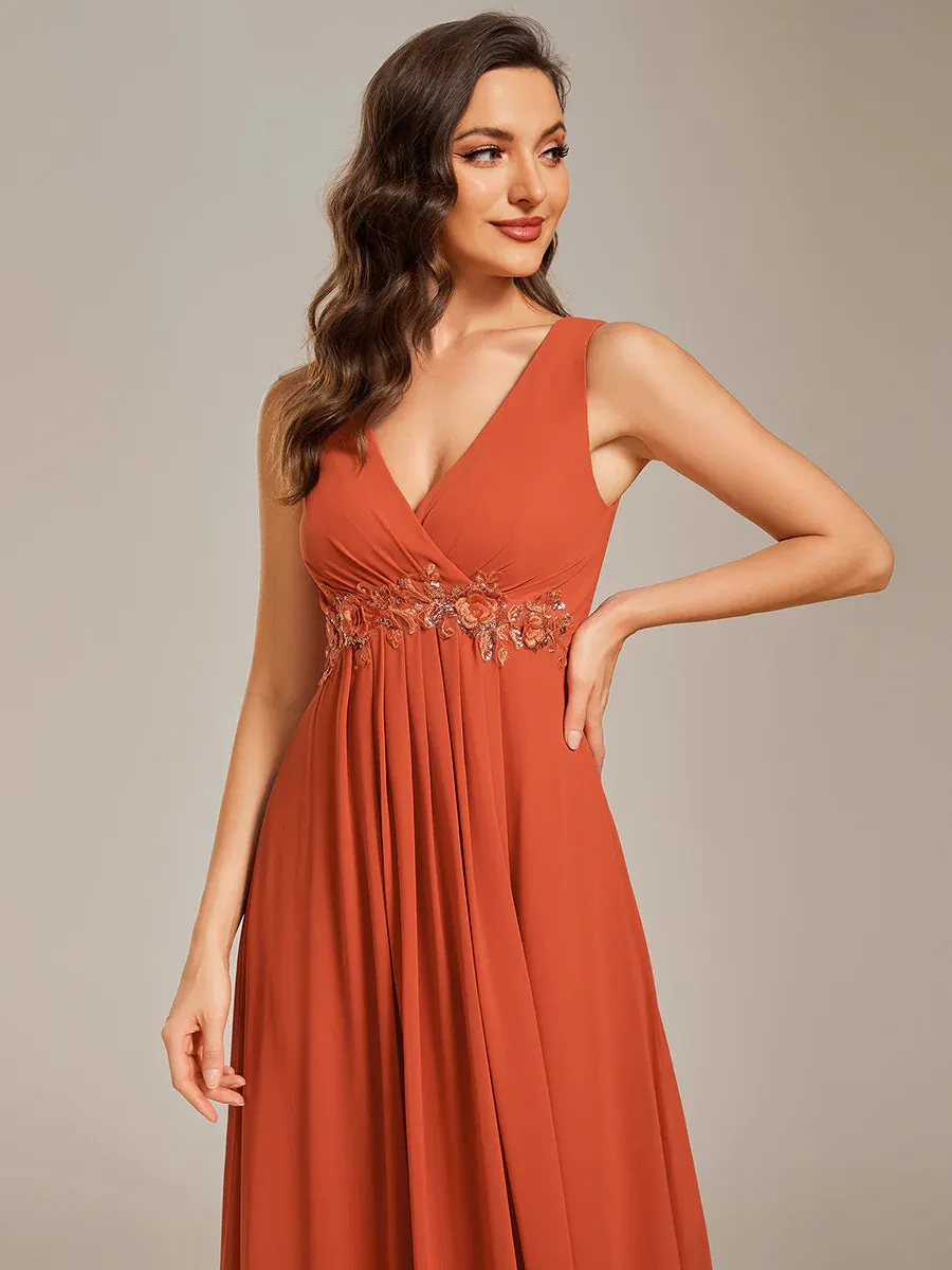 A-Line V Neck Appliques Ruched Bridesmaid Dress