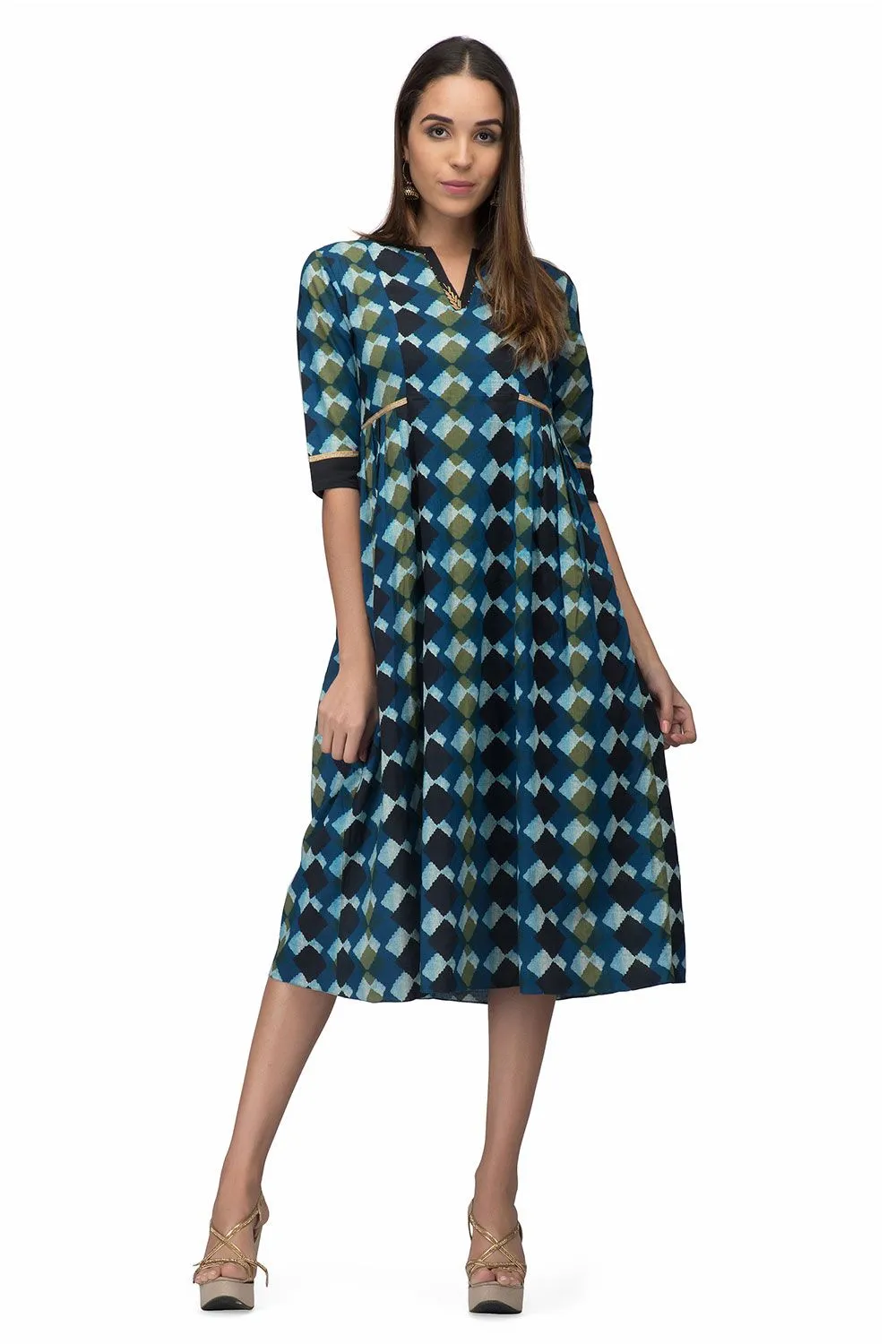 Abstract Blue Side Pleat Kurta