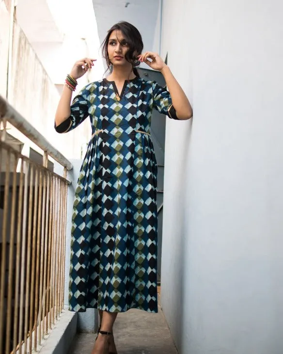 Abstract Blue Side Pleat Kurta