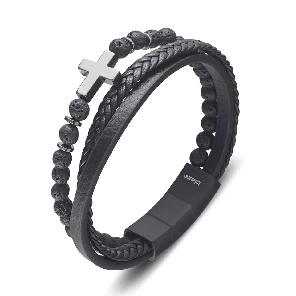 Achilles Cross Mens Leather Bracelet Black