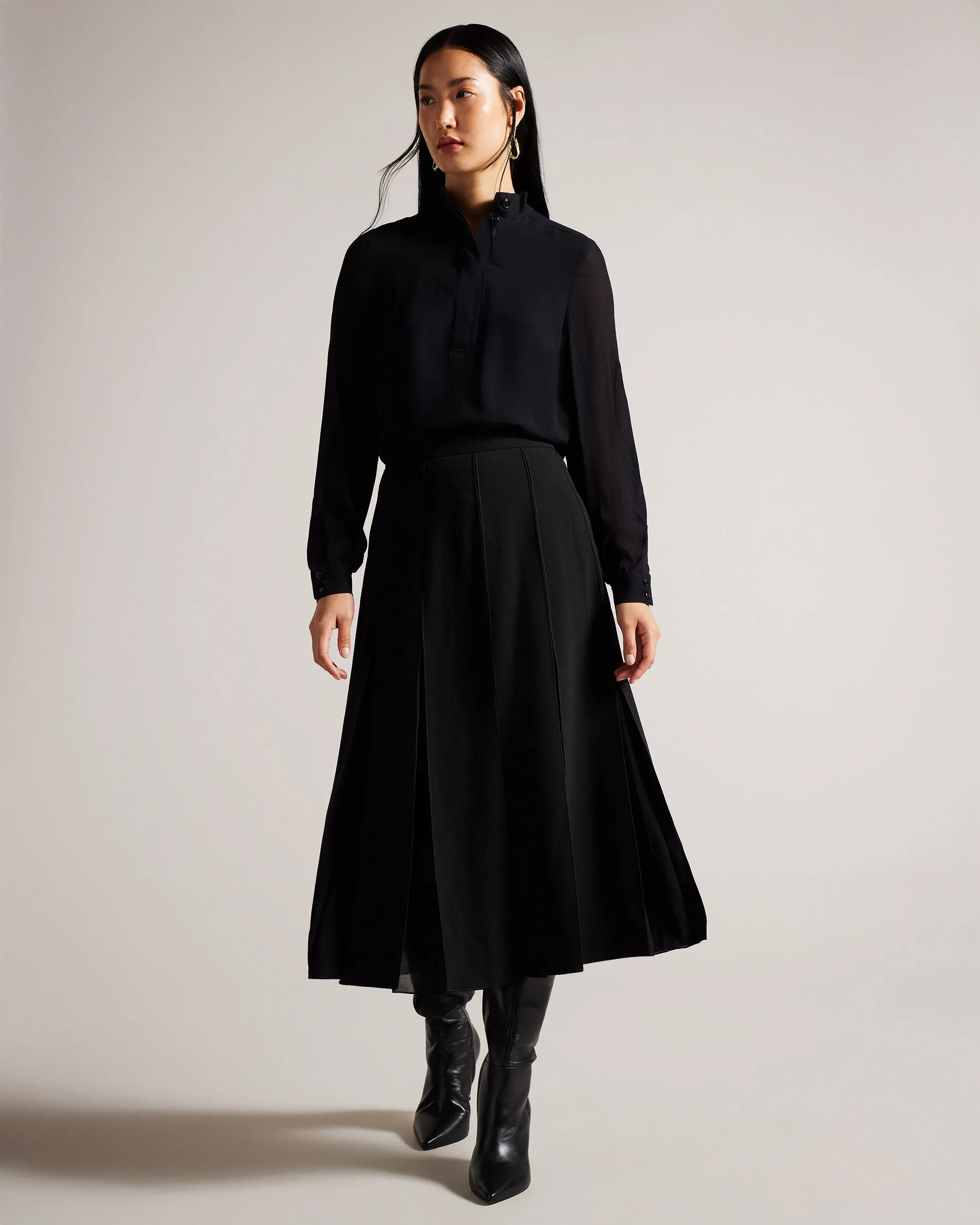 Addelia Midi Skirt With Sheer Panelling Black