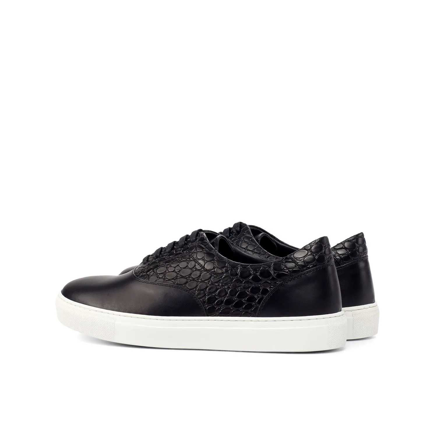 Ambrogio Bespoke Custom Men's Shoes Black Crocodile Print / Calf-Skin Leather Casual Sneakers (AMB1988)