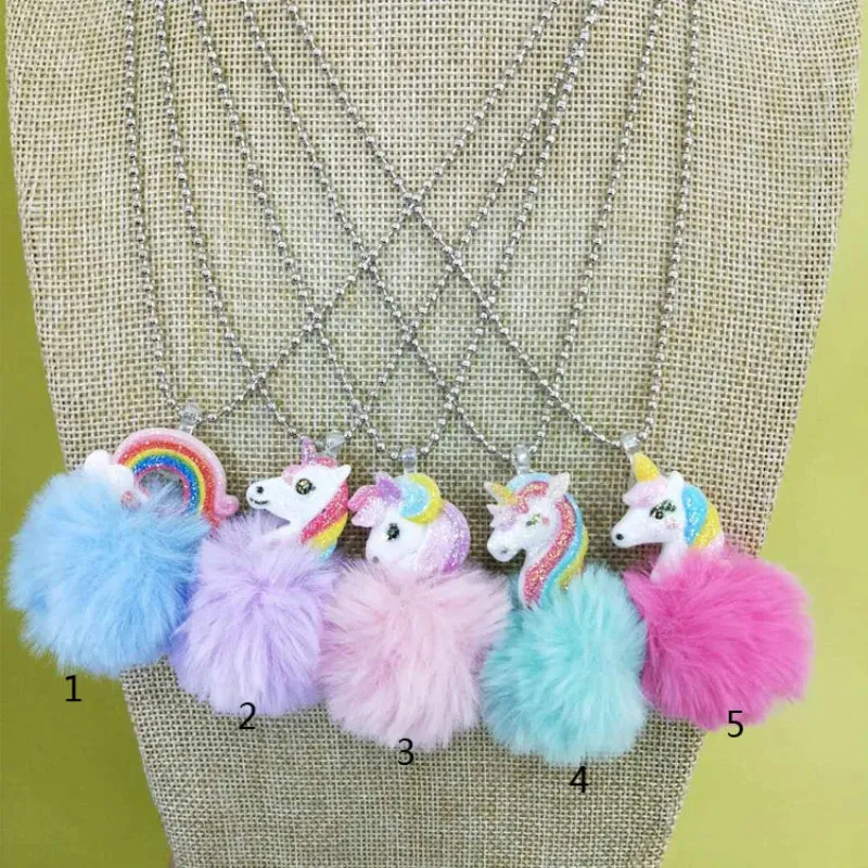 Baby Girl Cute Unicorn Rainbow Plush Ball Pendant Necklace