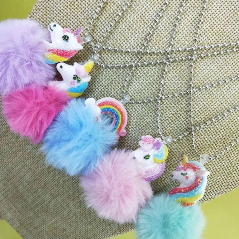 Baby Girl Cute Unicorn Rainbow Plush Ball Pendant Necklace