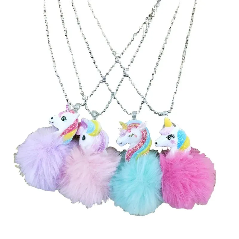 Baby Girl Cute Unicorn Rainbow Plush Ball Pendant Necklace