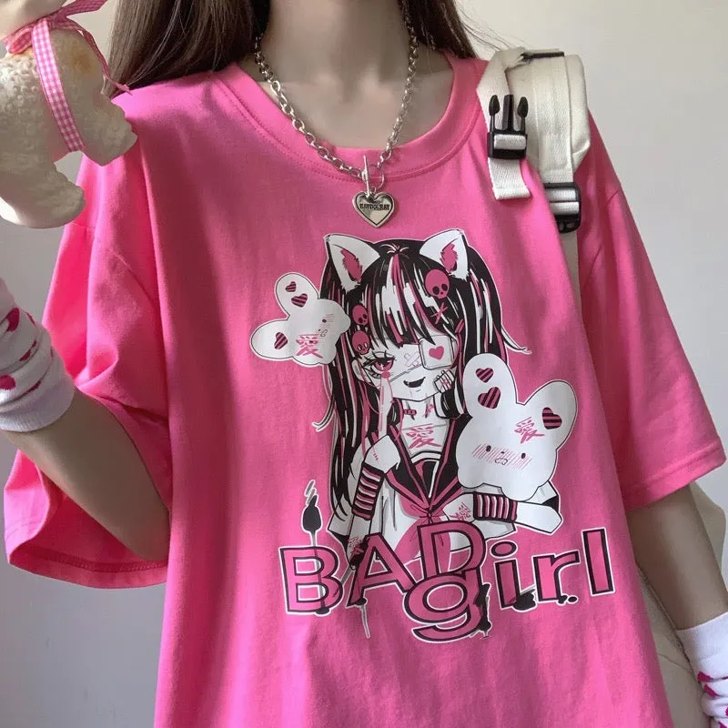 “BAD GIRL” SWEET JK PRINTING OVERSIZE T-SHIRT BY60008