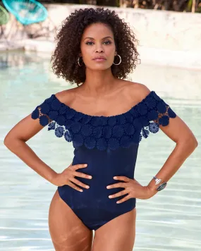 Bardot Crochet Off-The-Shoulder One-Piece Swimsuit Navy