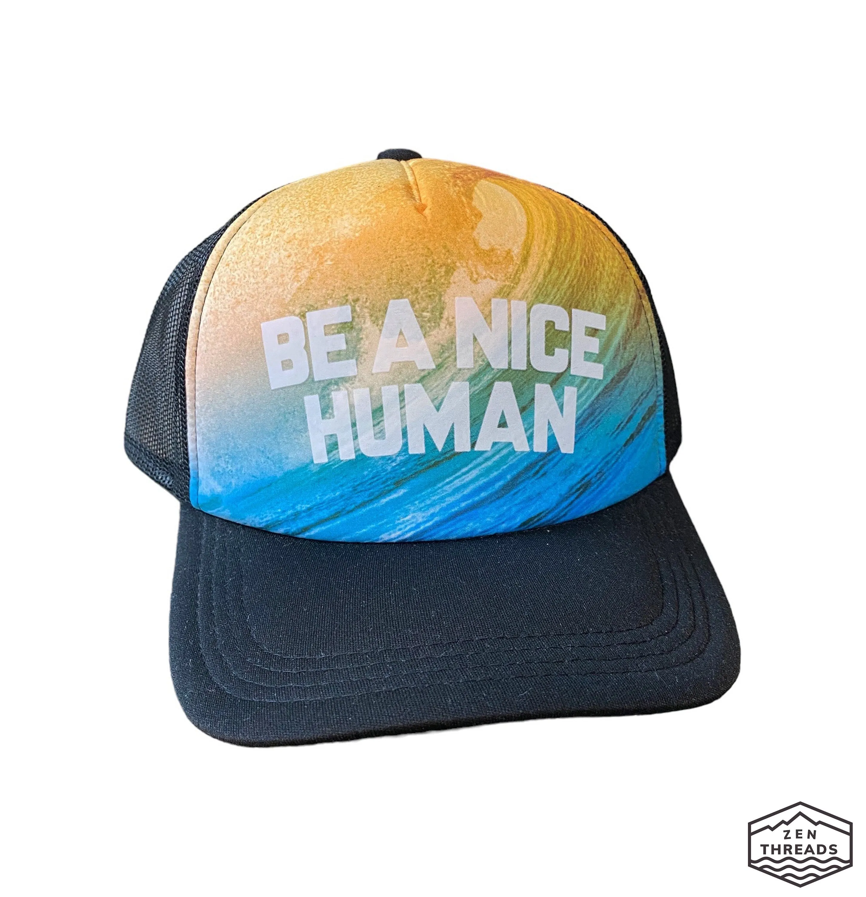 Be a Nice Human Wave Surf Trucker Hat - California Gift - Adjustable Snapback - Ships Free