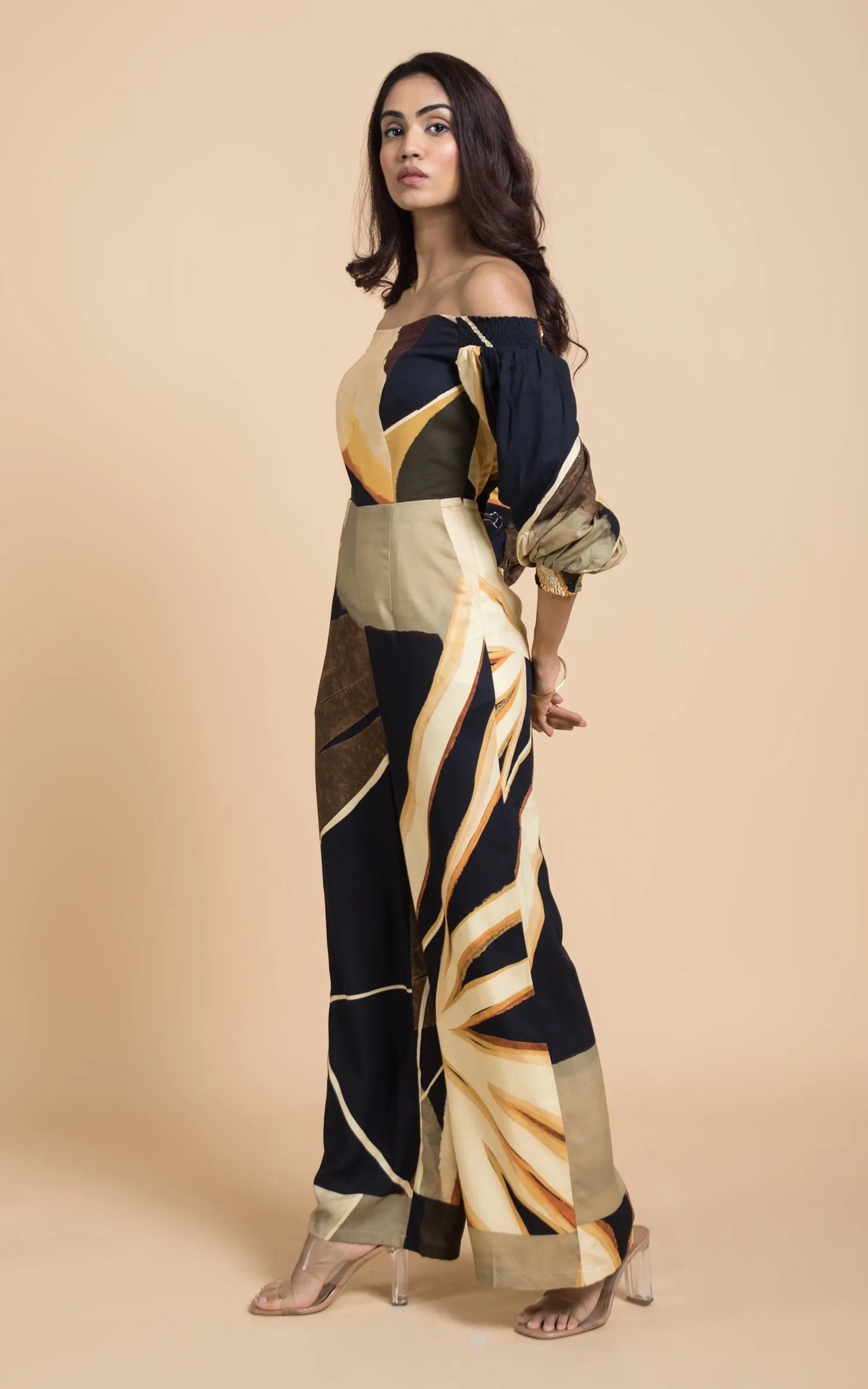 Black & Beige Abstract Printed Jumpsuit