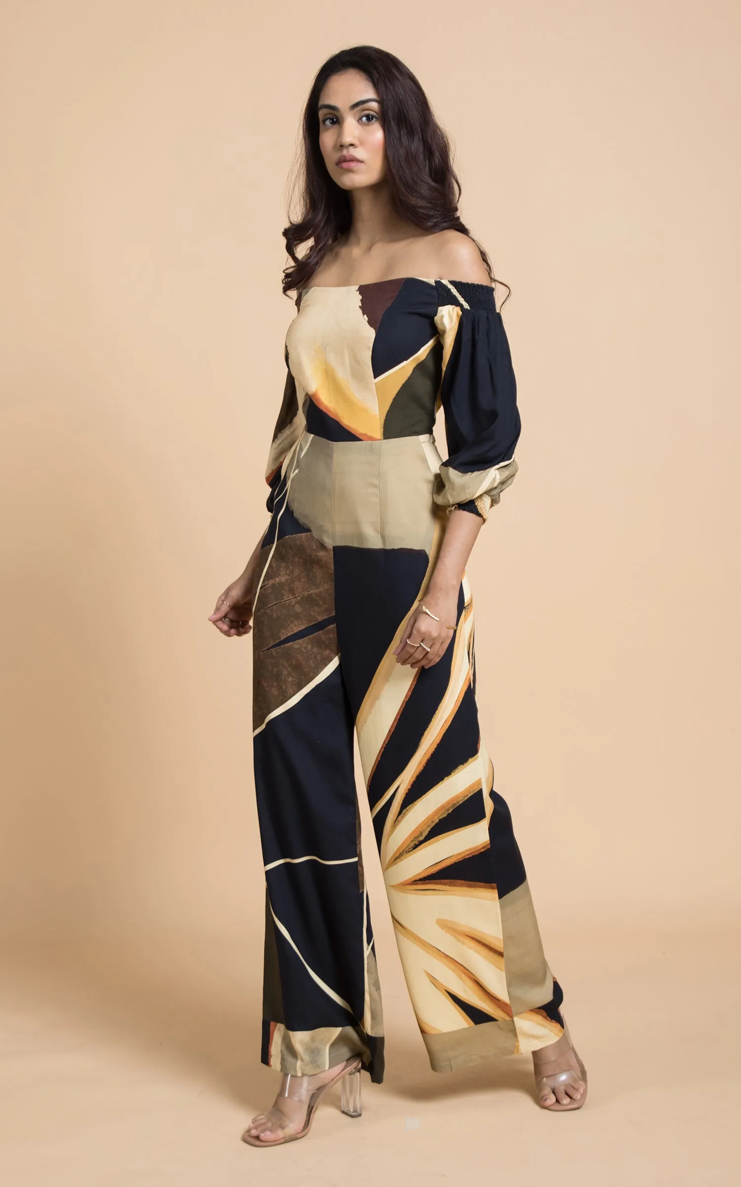 Black & Beige Abstract Printed Jumpsuit