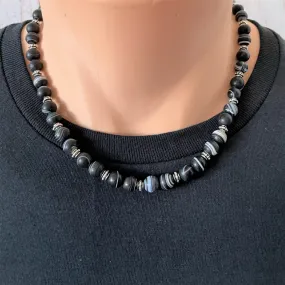 Black and White Striped Mens Matte Agate Beaded Necklace