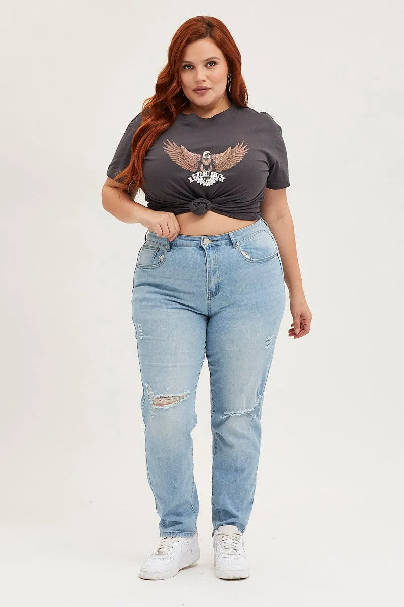 Black Crop T-shirt Eagle Crew Neck Short Sleeve Semi