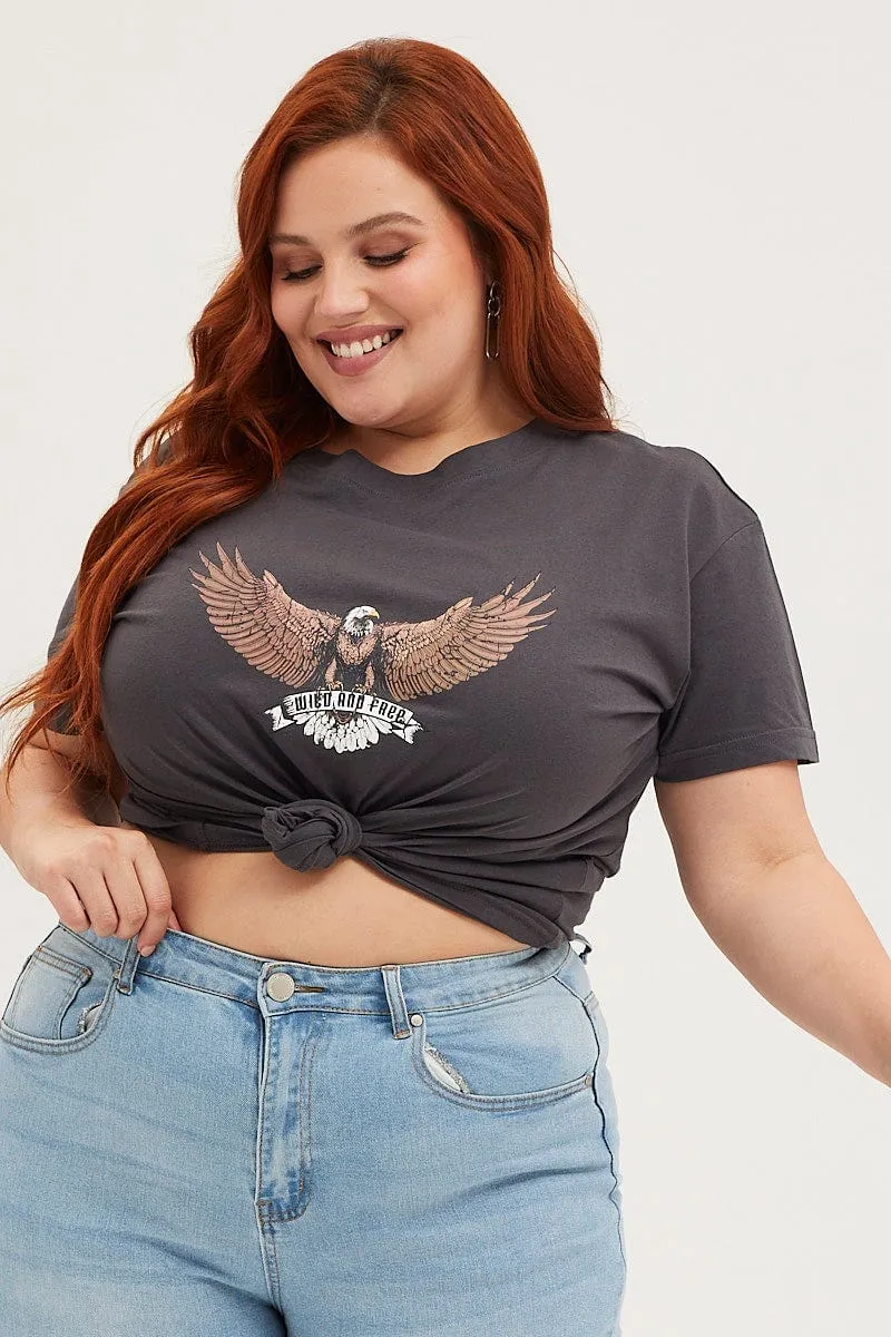 Black Crop T-shirt Eagle Crew Neck Short Sleeve Semi