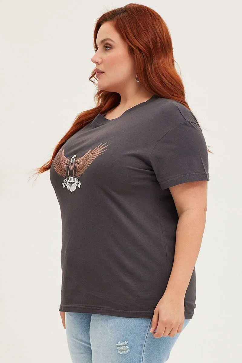 Black Crop T-shirt Eagle Crew Neck Short Sleeve Semi