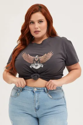 Black Crop T-shirt Eagle Crew Neck Short Sleeve Semi