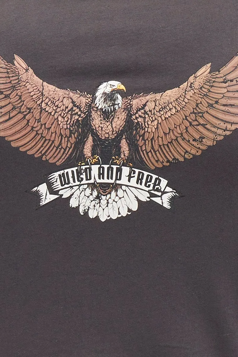 Black Crop T-shirt Eagle Crew Neck Short Sleeve Semi