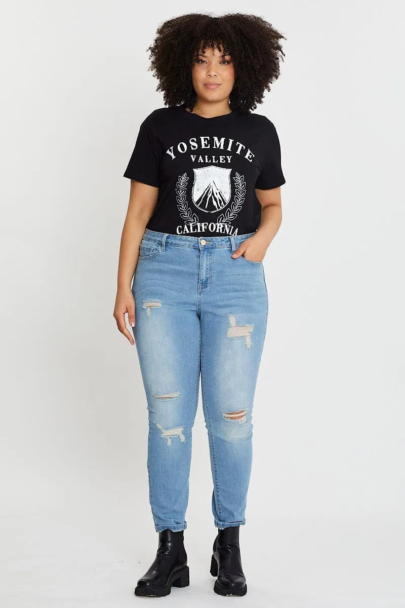 Black Crop T-shirt Mountain Short Sleeve Cotton Semi