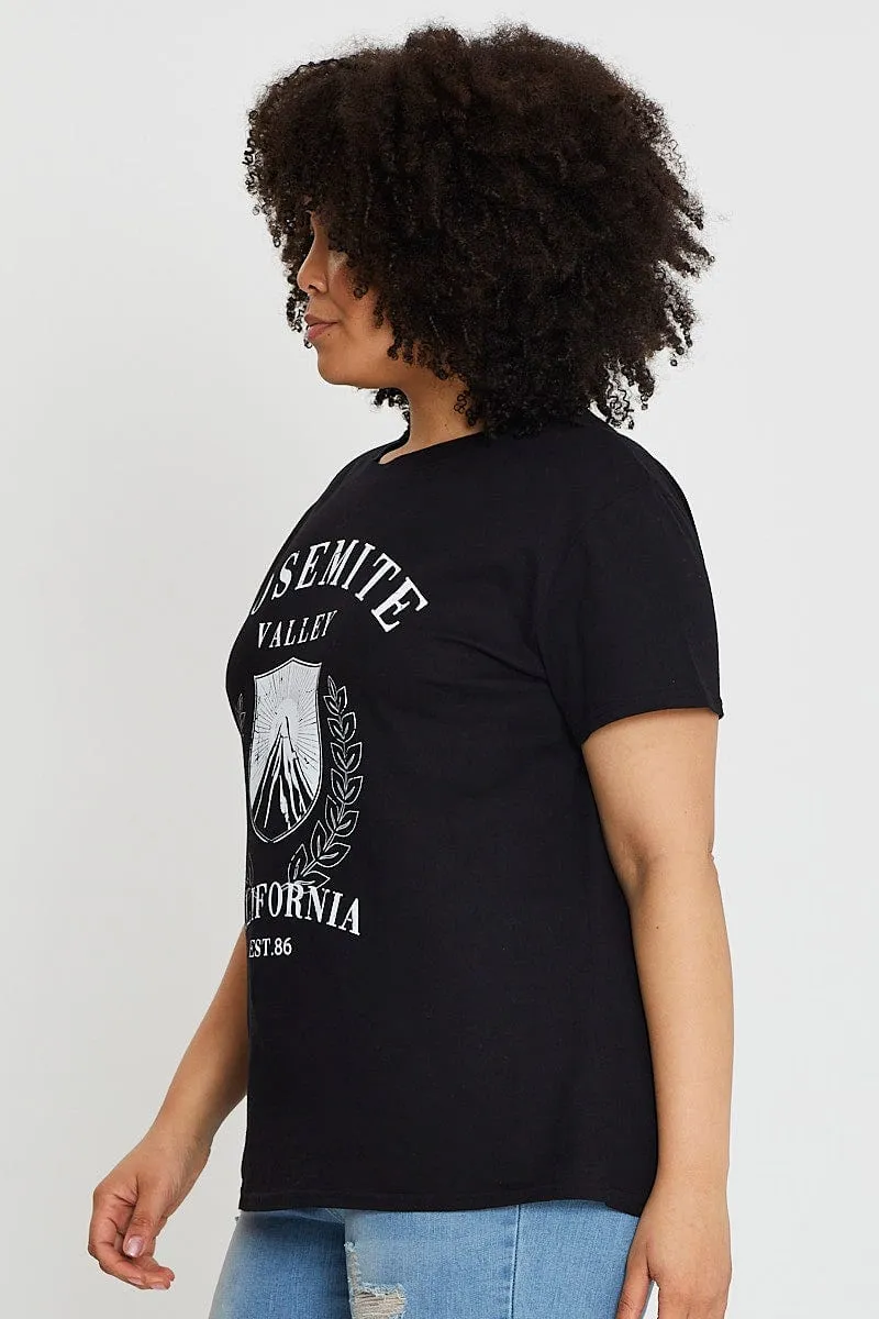 Black Crop T-shirt Mountain Short Sleeve Cotton Semi