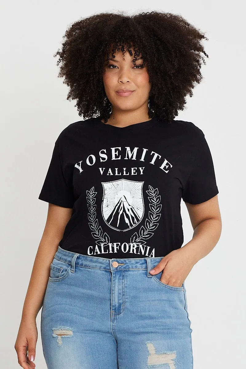 Black Crop T-shirt Mountain Short Sleeve Cotton Semi