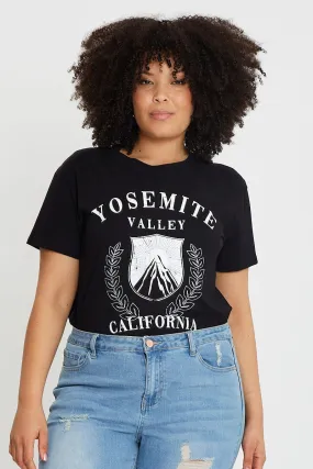 Black Crop T-shirt Mountain Short Sleeve Cotton Semi