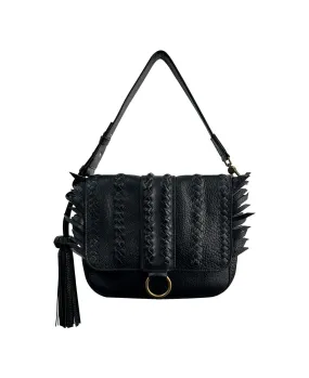 Black SENECA Leather Bag with Braids & Frings Details