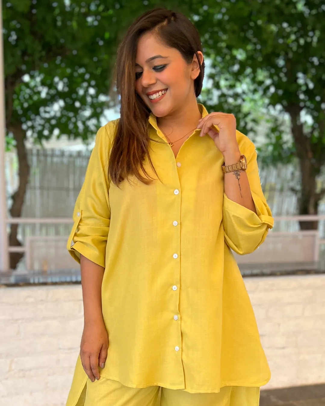 Buttercup Yellow Solid Aline Cotton Slub Shirt