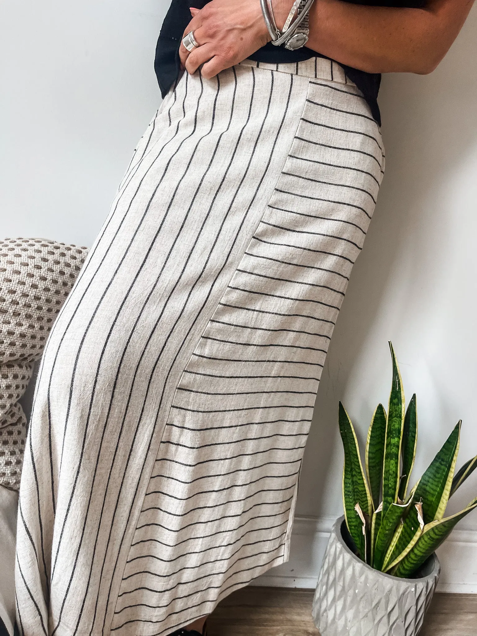 b.young Johanna Linen Striped Midi Skirt PREMIUM BRAND