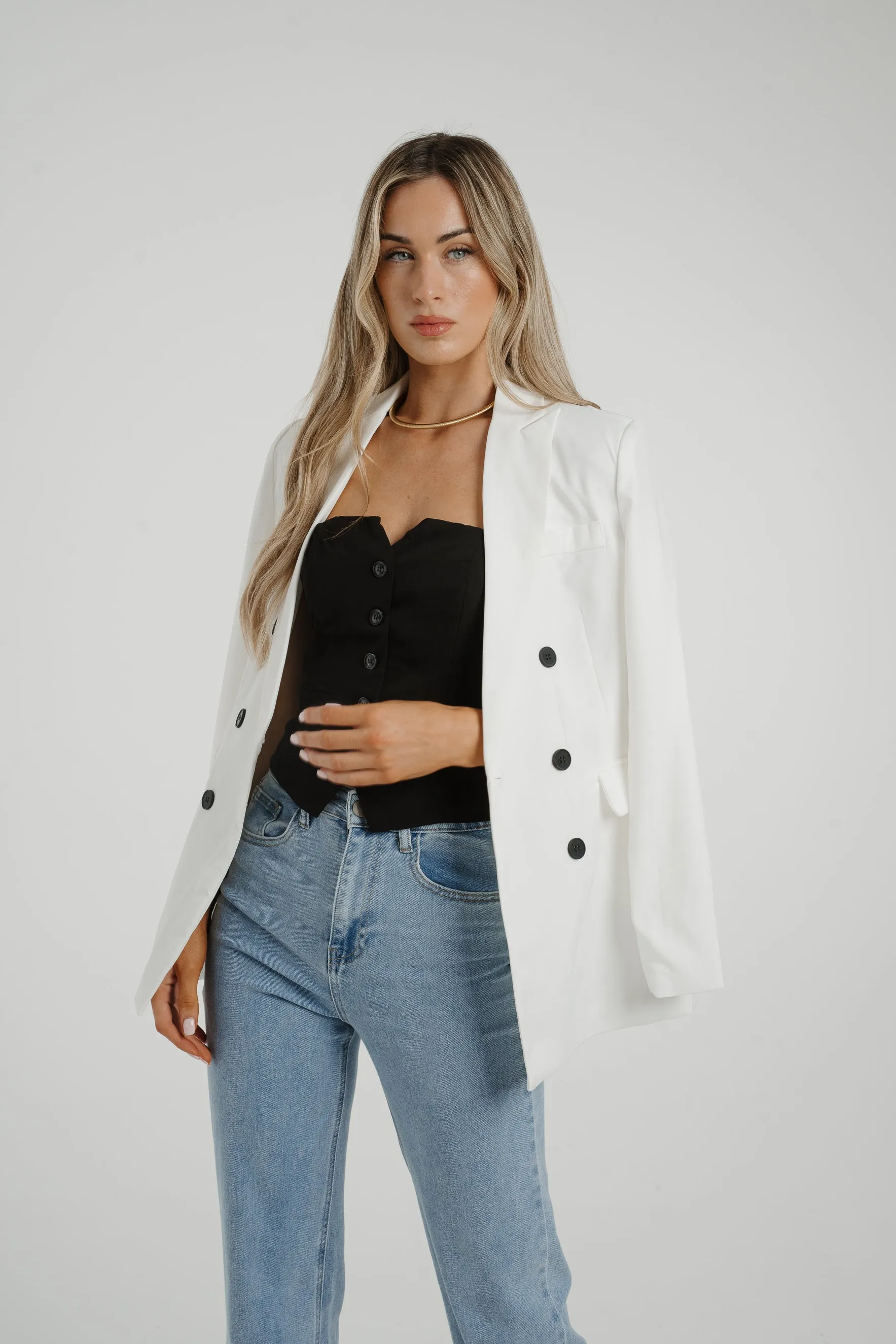 Caitlyn Black Button Blazer In White