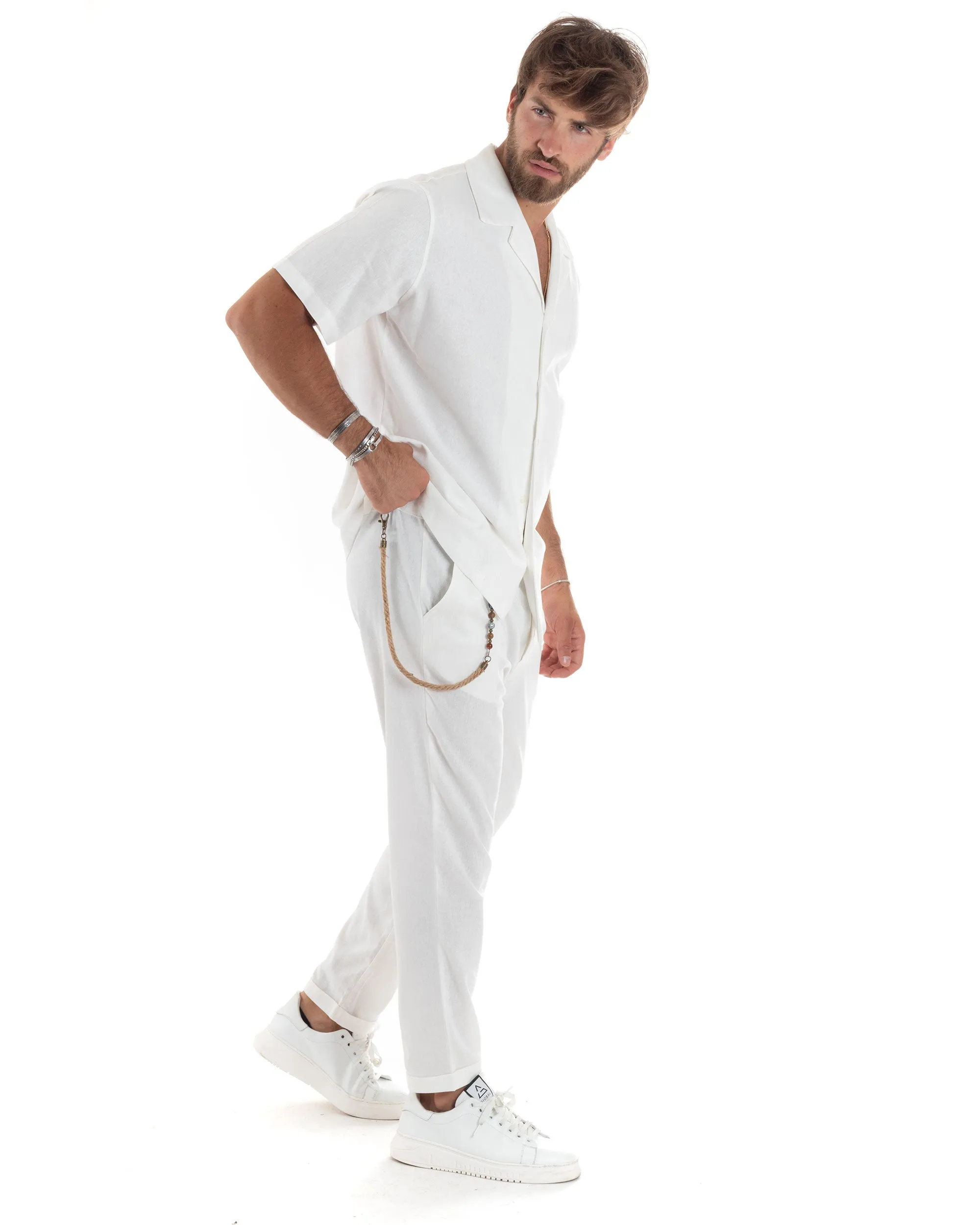 Completo Set Coordinato Uomo Lino Camicia Mezze Maniche Colletto Bowling Pantaloni Classici Con Pinces Outfit Casual Regular Fit Tinta Unita Bianco GIOSAL-OU2463A