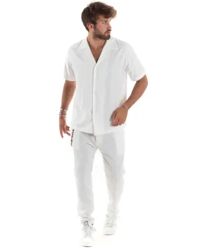 Completo Set Coordinato Uomo Lino Camicia Mezze Maniche Colletto Bowling Pantaloni Classici Con Pinces Outfit Casual Regular Fit Tinta Unita Bianco GIOSAL-OU2463A