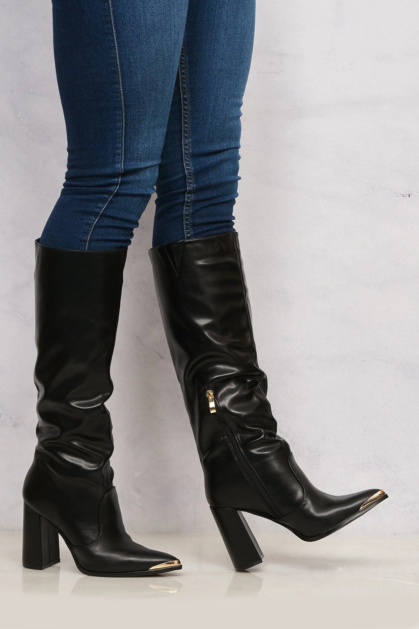 Deena Pointed Toe Gold Trim Knee High Boot in Black