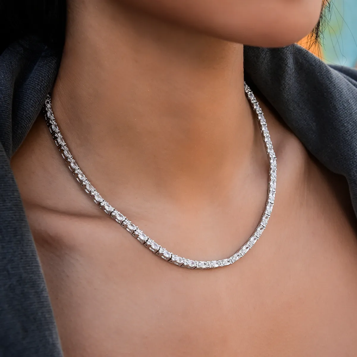 Diamond Mixed Oval Cut Tennis Necklace- 3mm