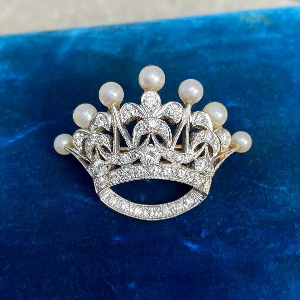 Edwardian Diamond & Pearl Crown Pin/ Pendant