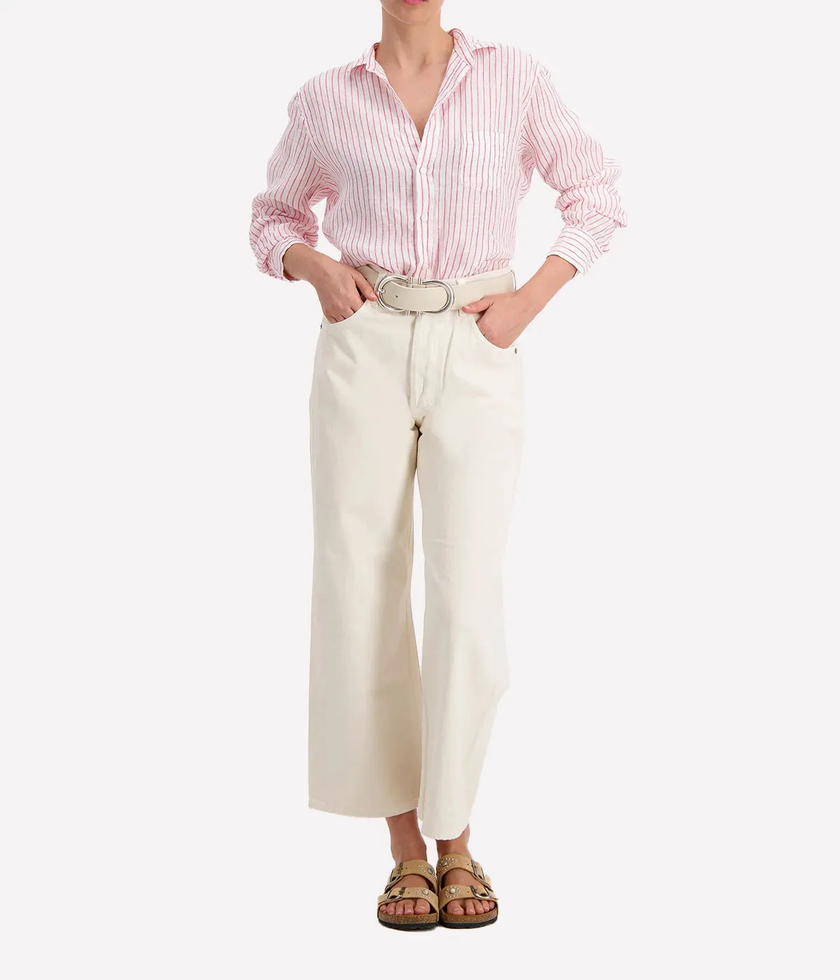 Eileen Relaxed Button Up Shirt in Pink Stripe Classic Linen