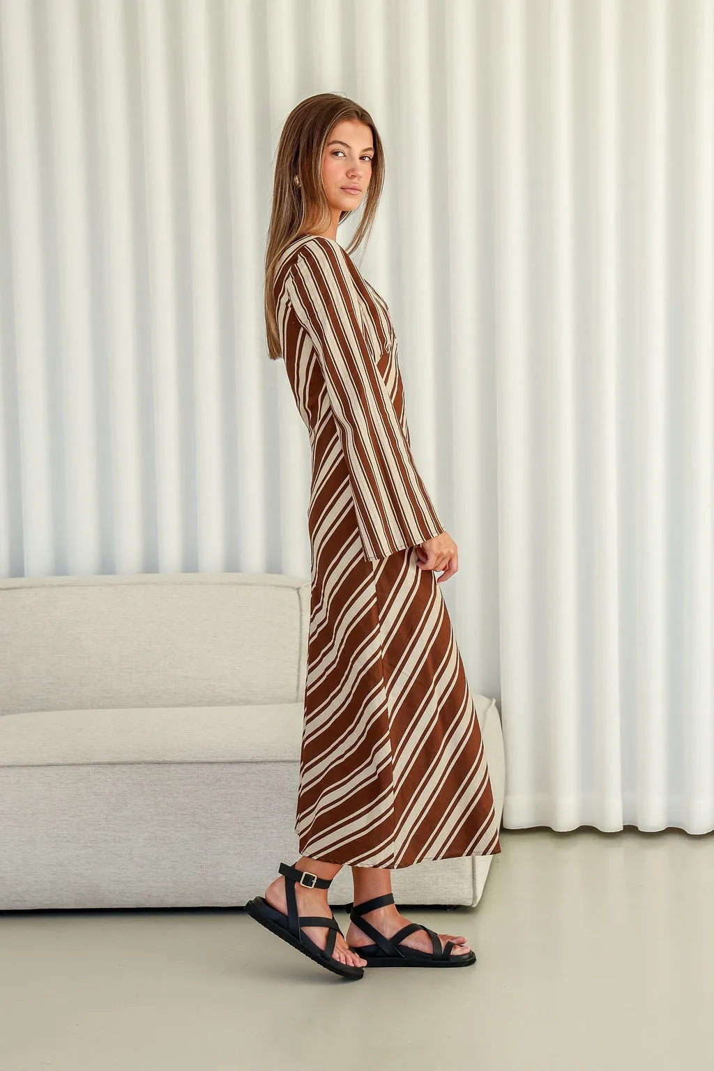 Flare Sleeve Stripe Maxi Dress - Chocolate/Cream