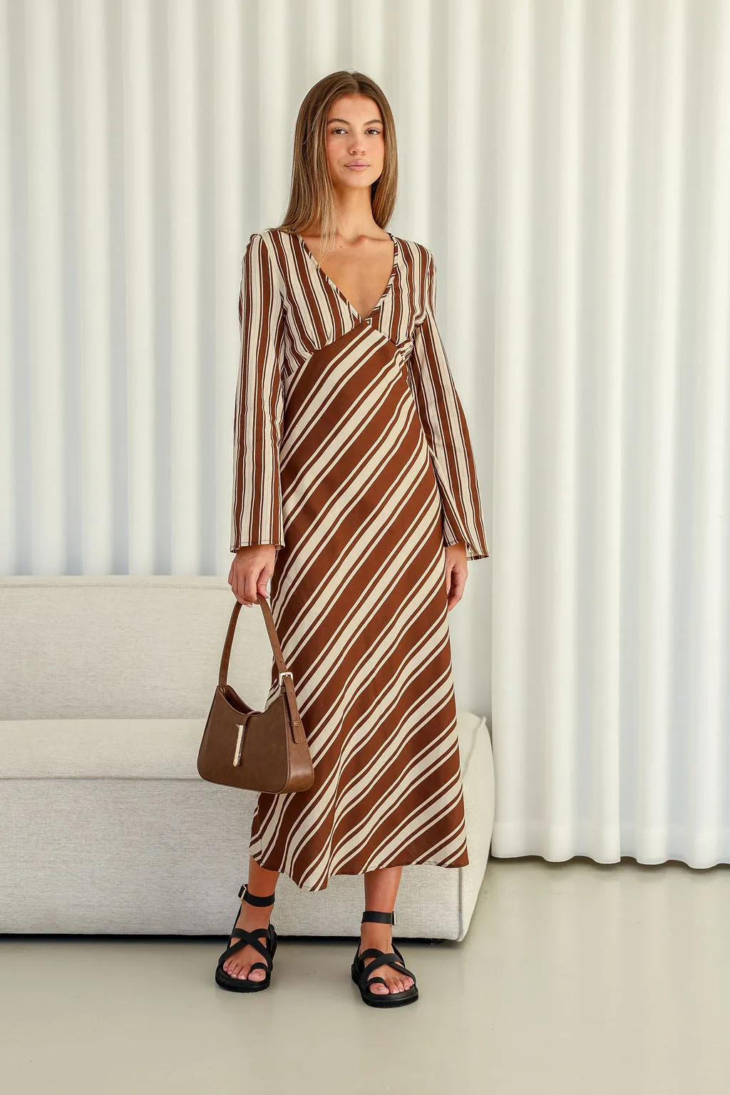 Flare Sleeve Stripe Maxi Dress - Chocolate/Cream