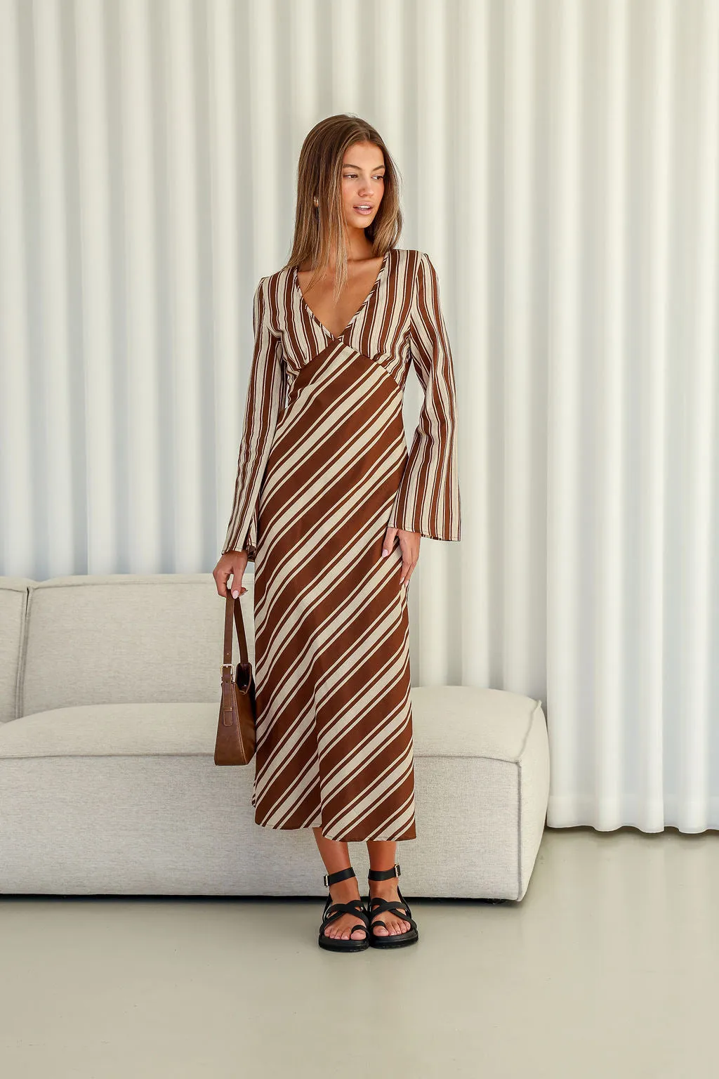 Flare Sleeve Stripe Maxi Dress - Chocolate/Cream