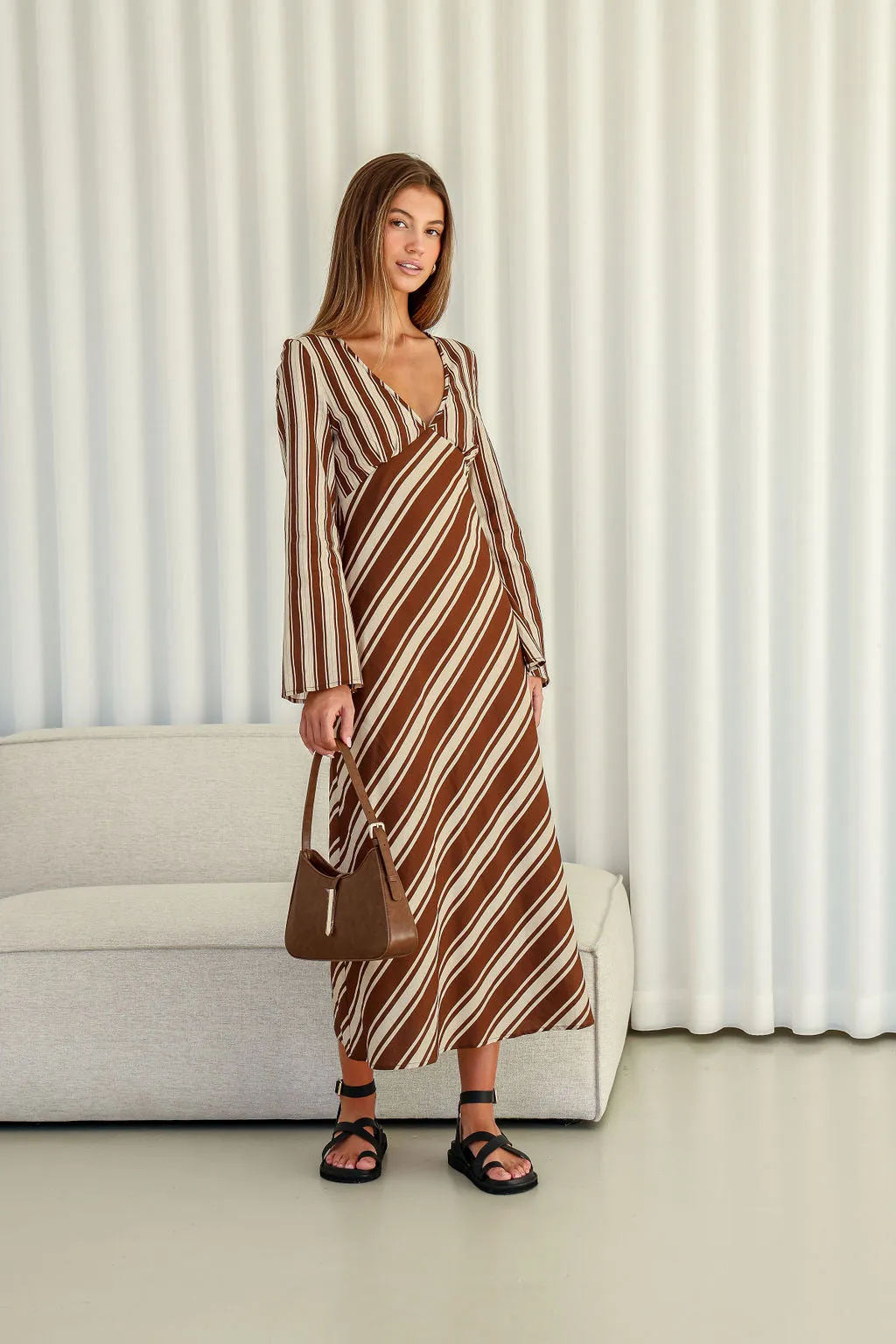 Flare Sleeve Stripe Maxi Dress - Chocolate/Cream