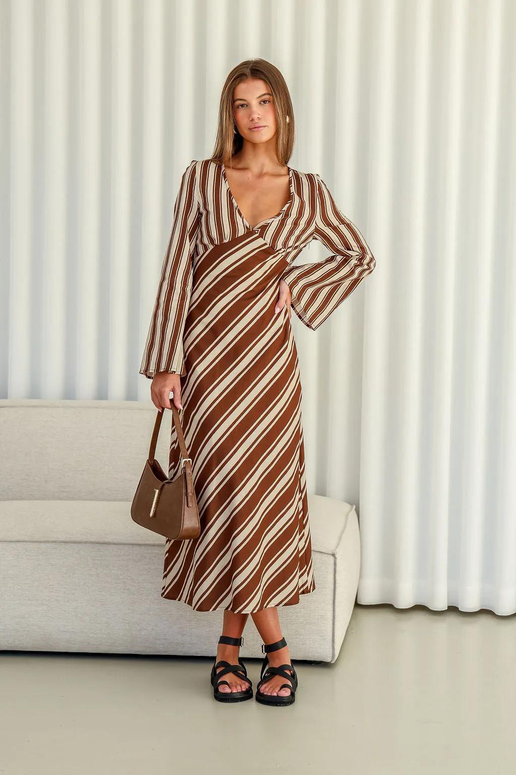 Flare Sleeve Stripe Maxi Dress - Chocolate/Cream