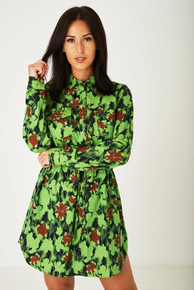 Floral Print Shirt Dress in Green